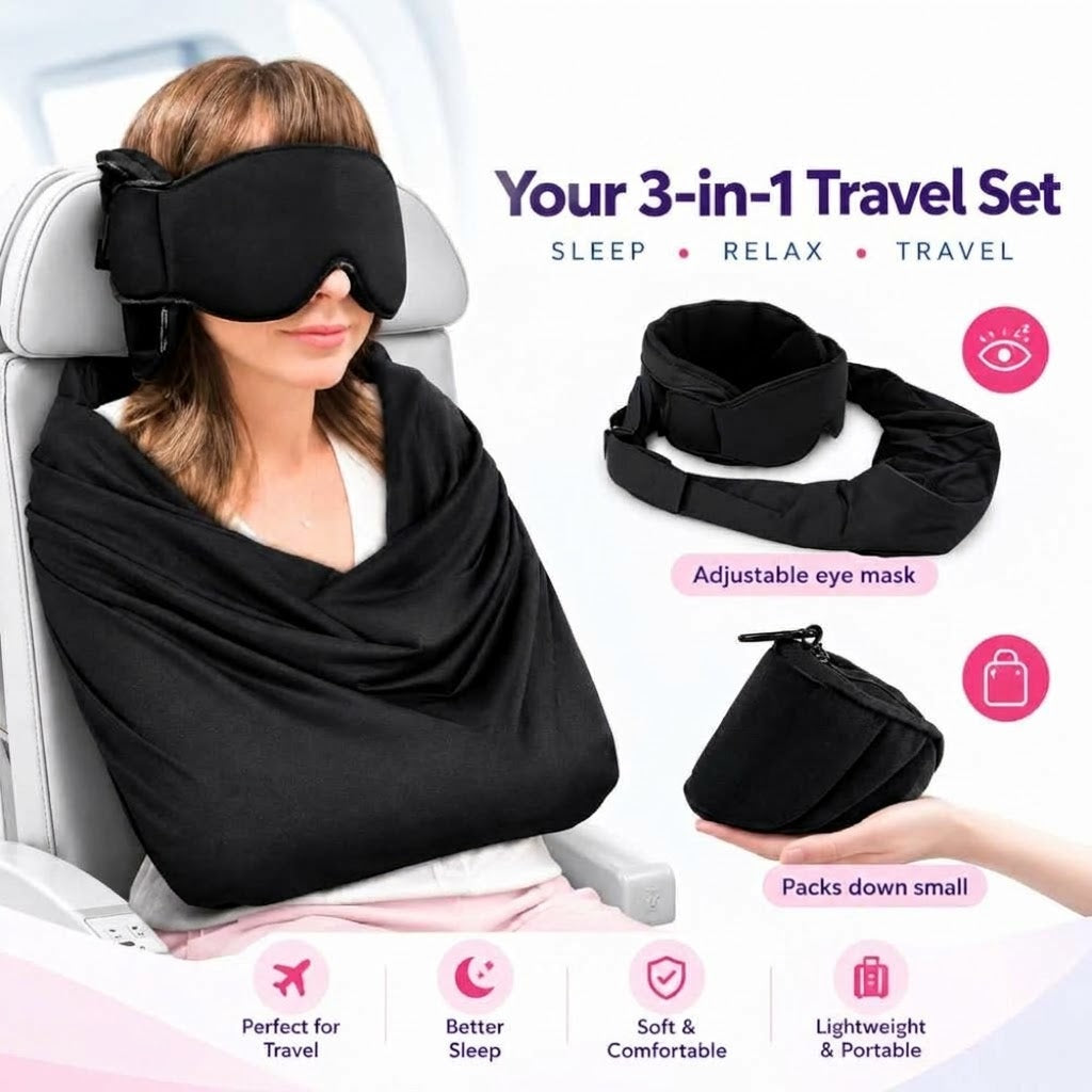 3-in-1 Travel Sleep Set: Mask, Headrest & Arm Support